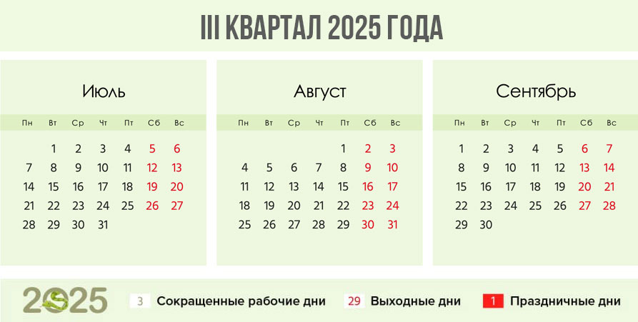 Производственный календарь на 3 квартал 2025 года