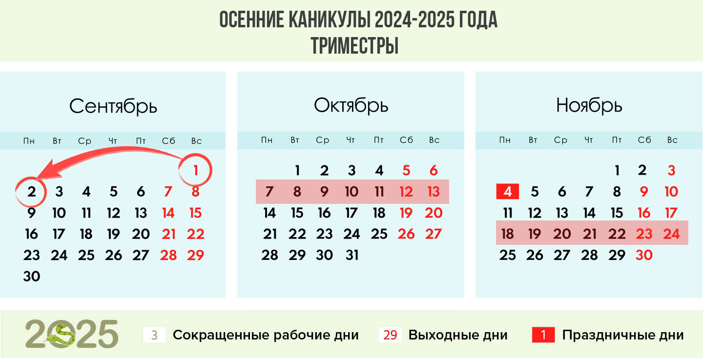Осенние каникулы 2024-2025 года по триместрам