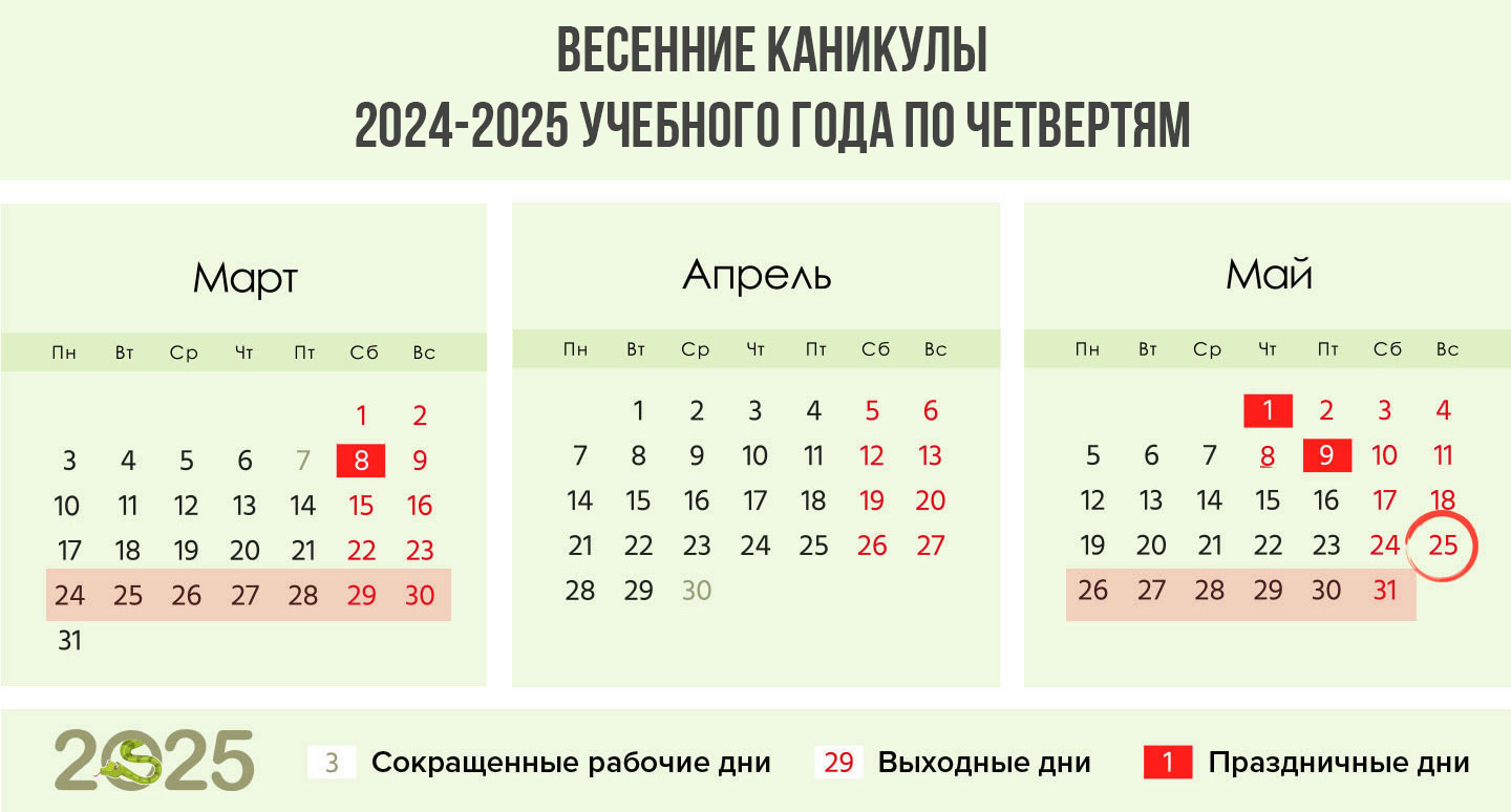 Весенние каникулы 2025 года для четвертей