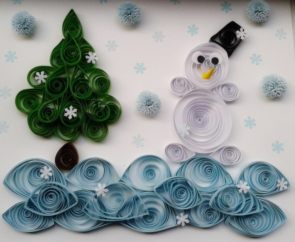 Ель и снеговик на плакате в стиле квиллинг