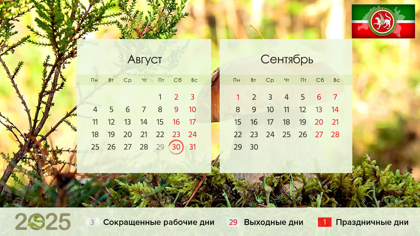 Календарь на август и сентябрь 2025 года для Татарстана