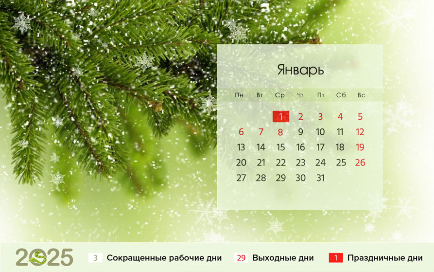 Календарь на январь 2025 года для шестидневки