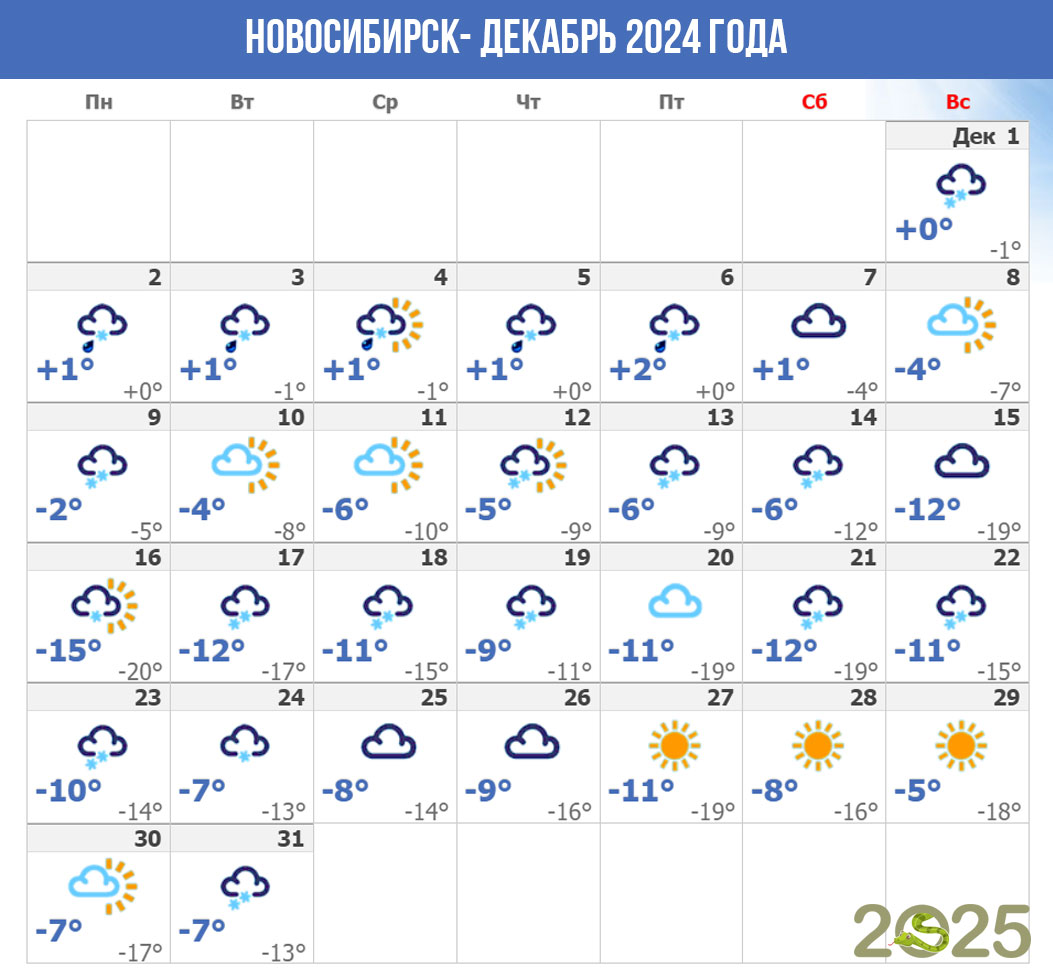 Погода в Новосибирске в декабре 2024 года