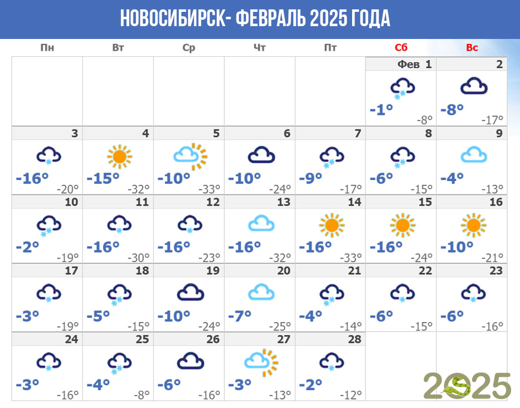 Погода в Новосибирске в феврале 2025 года